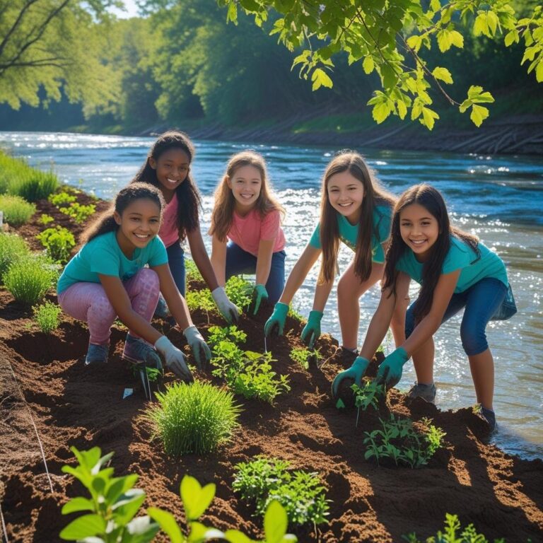 Girls restoring river habitat.
